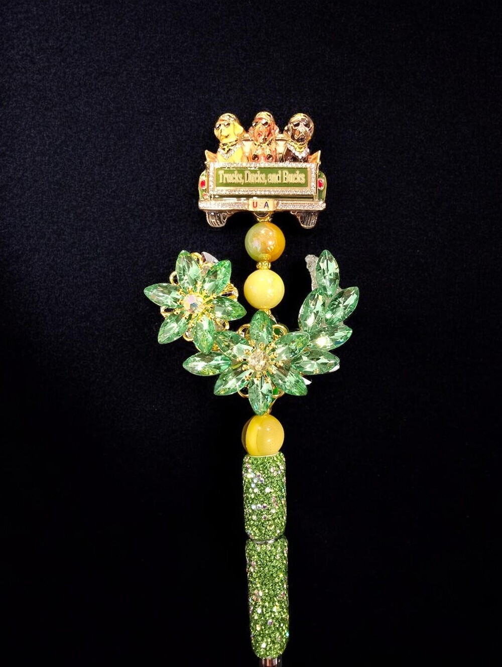 Green Crystal Pen with Yellow Beads Featuring Trucks,Ducks, Bucks Topper